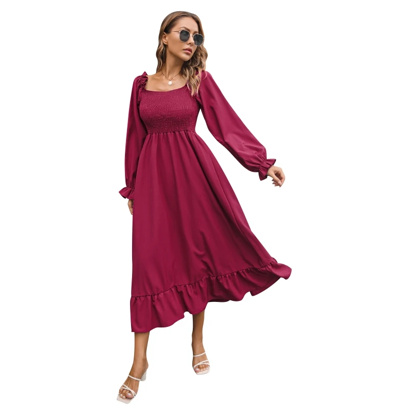 Womens Autumn Square Neck Puff Long Sleeve Ruffled Maxi Dress Smocked High Waist Solid Color A-Line Swing Flowy Dresses MXMA 
Womens Autumn Square Neck Puff Long Sleeve Ruffled Maxi Dress Smocked High Waist Solid Color A-Line Swing Flowy Dresses MXMA