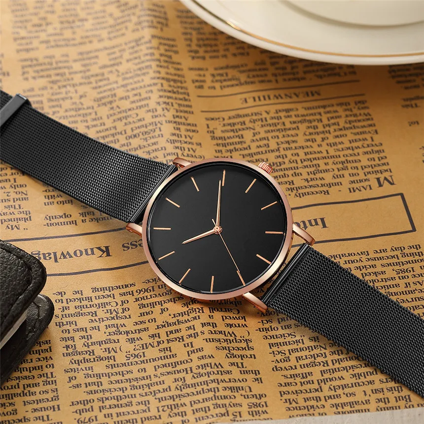 Простые современные кварцевые женские часы с сетчатым браслетом из нержавеющей