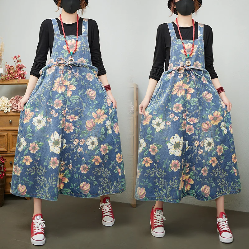 Casual Streetwear Print Floral Denim Dresses For Women Plus size Straps Jean Long Maxi Dress Reversible Loose Oversized Vestidos
Casual Streetwear Print Floral Denim Dresses For Women Plus size Straps Jean Long Maxi Dress Reversible Loose Oversized Vestidos
