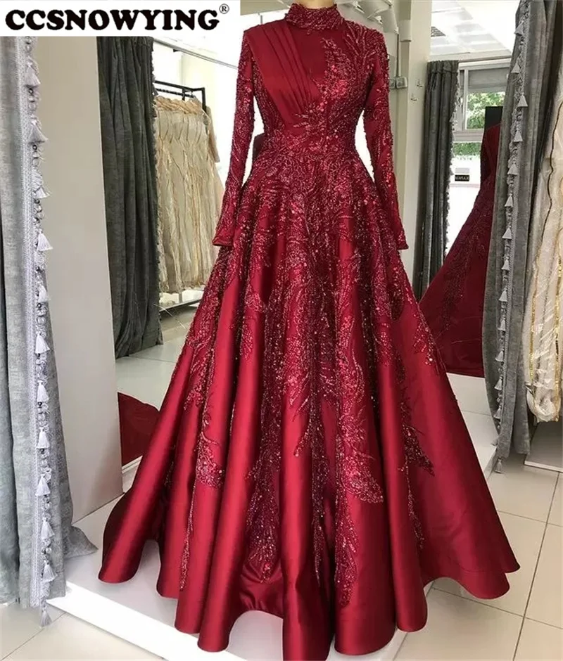 Burgundy Muslim Satin Appliques Evening Dresses Arabic Dubai Long Sleeve Islamic Formal Party Gown High Neck Robe De Soiree
Burgundy Muslim Satin Appliques Evening Dresses Arabic Dubai Long Sleeve Islamic Formal Party Gown High Neck Robe De Soiree