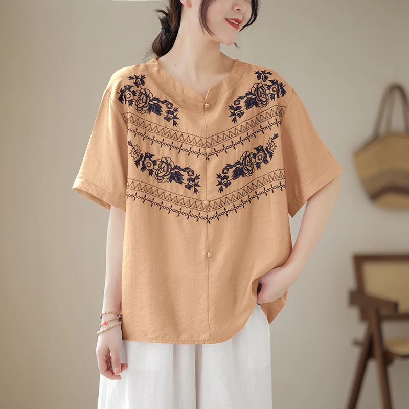 Cotton Linen Women's Shirts Embroidery Chinese Style Blouses Loose Short Sleeve FASHION Ladies Clothing New Summer V-necks Tops
Cotton Linen Women's Shirts Embroidery Chinese Style Blouses Loose Short Sleeve FASHION Ladies Clothing New Summer V-necks Tops