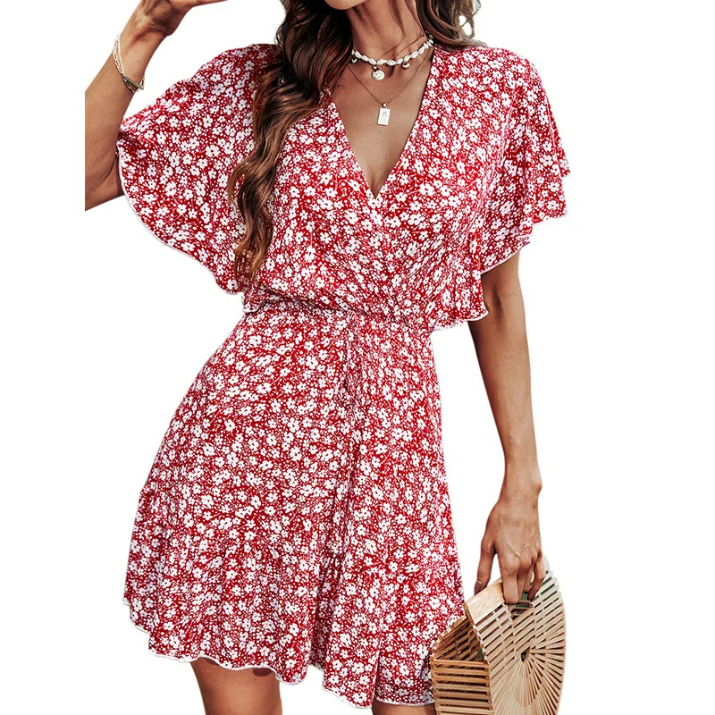 2022 New Summer Beach Dress Women's V-neck Short Sleeve Red Printed Large Swing Lotus Leaf Sleeve Elastic Waist Women's Dress 
2022 New Summer Beach Dress Women's V-neck Short Sleeve Red Printed Large Swing Lotus Leaf Sleeve Elastic Waist Women's Dress