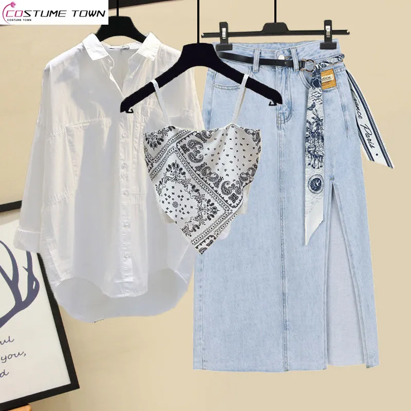 2023 New Large Women's Fat MM Women's Set Slim Age Reducing Tank Top Shirt Denim Skirt Three Piece Fashion Set
2023 New Large Women's Fat MM Women's Set Slim Age Reducing Tank Top Shirt Denim Skirt Three Piece Fashion Set