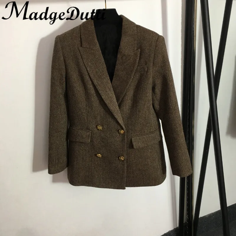 12,7 г., MadgeDutti, украшение в виде букв, свободный металлический двубортный шерстяной Блейзер средней длины в елочку 
12,7 г., MadgeDutti, украшение в виде букв, свободный металлический двубортный шерстяной Блейзер средней длины в елочку