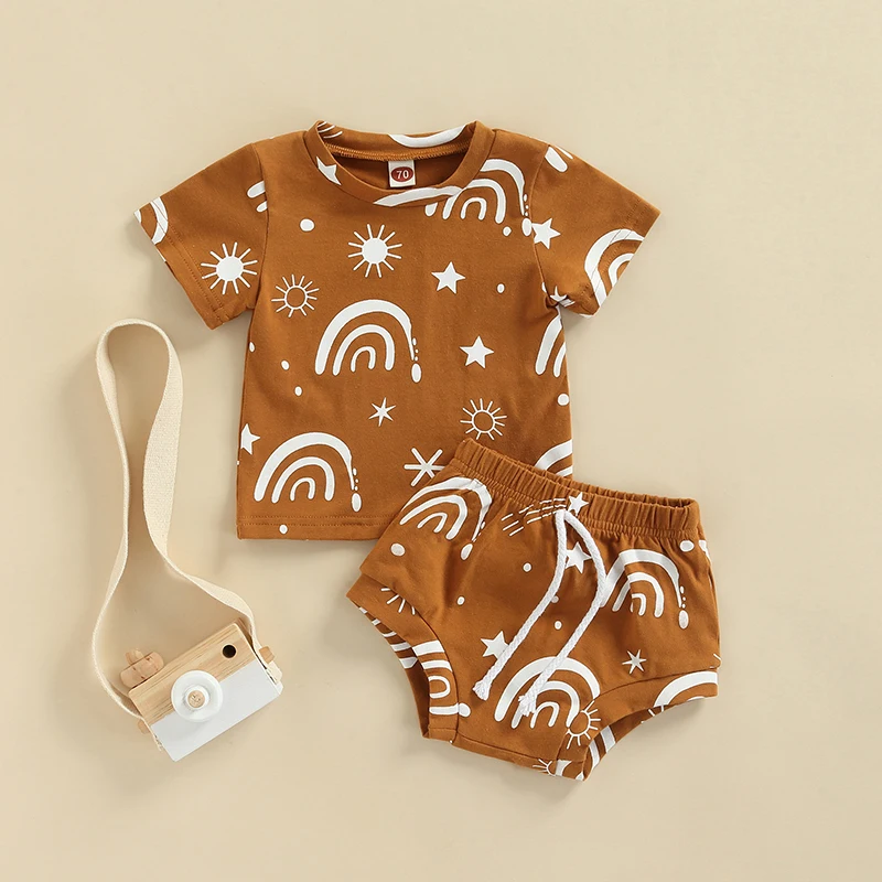 Baby Summer Girls Boys 2pcs Casual Outfits Rainbow Sun Print Short Sleeve Round Neck T-Shirts Tops + Elastic Waist Shorts Set
Baby Summer Girls Boys 2pcs Casual Outfits Rainbow Sun Print Short Sleeve Round Neck T-Shirts Tops + Elastic Waist Shorts Set