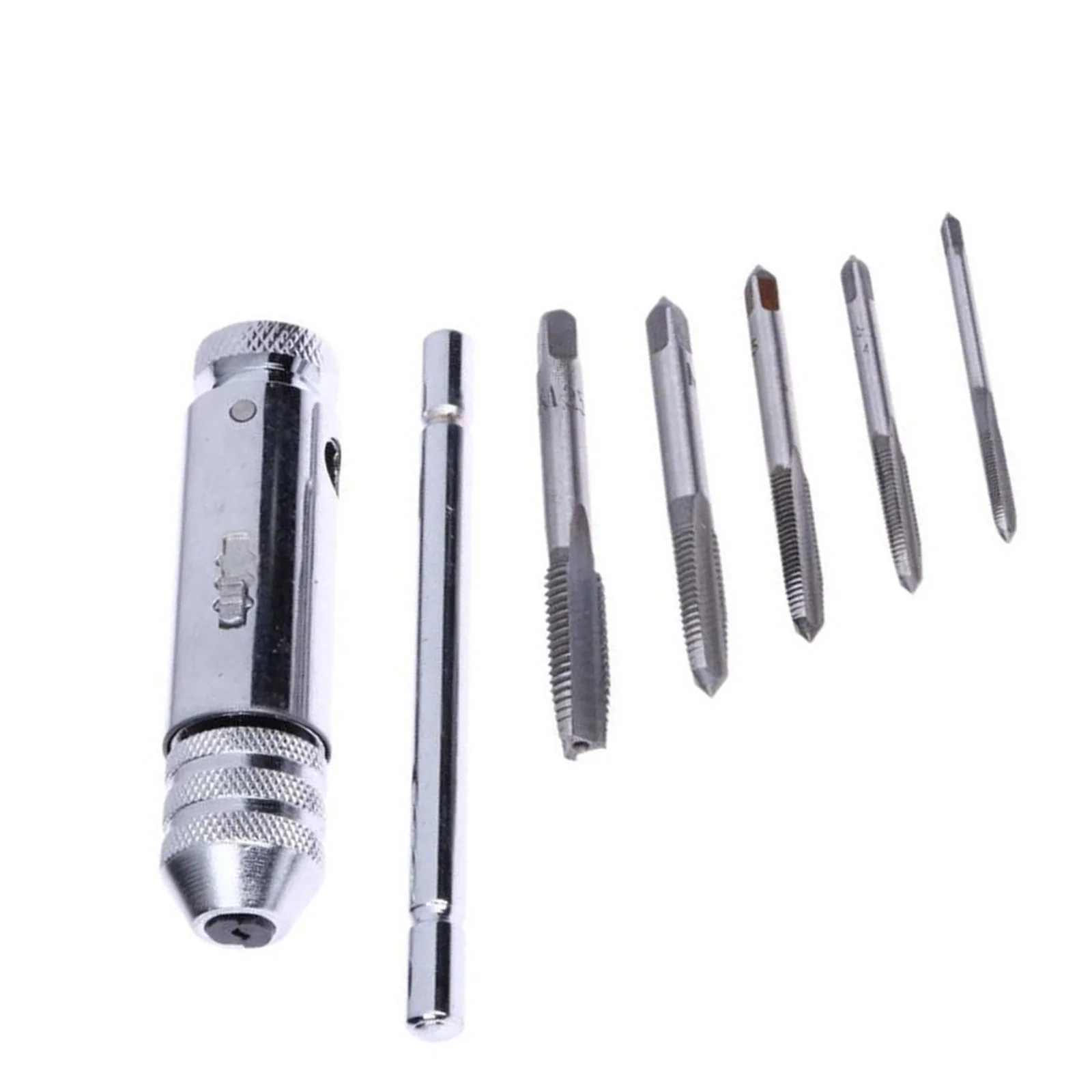Adjustable Silver T-Handle Ratchet Tap Holder Wrench Set Hand Tools With 5pc M3-M8 Machine Screw Thread Metric Plug T-shaped Tap
Adjustable Silver T-Handle Ratchet Tap Holder Wrench Set Hand Tools With 5pc M3-M8 Machine Screw Thread Metric Plug T-shaped Tap