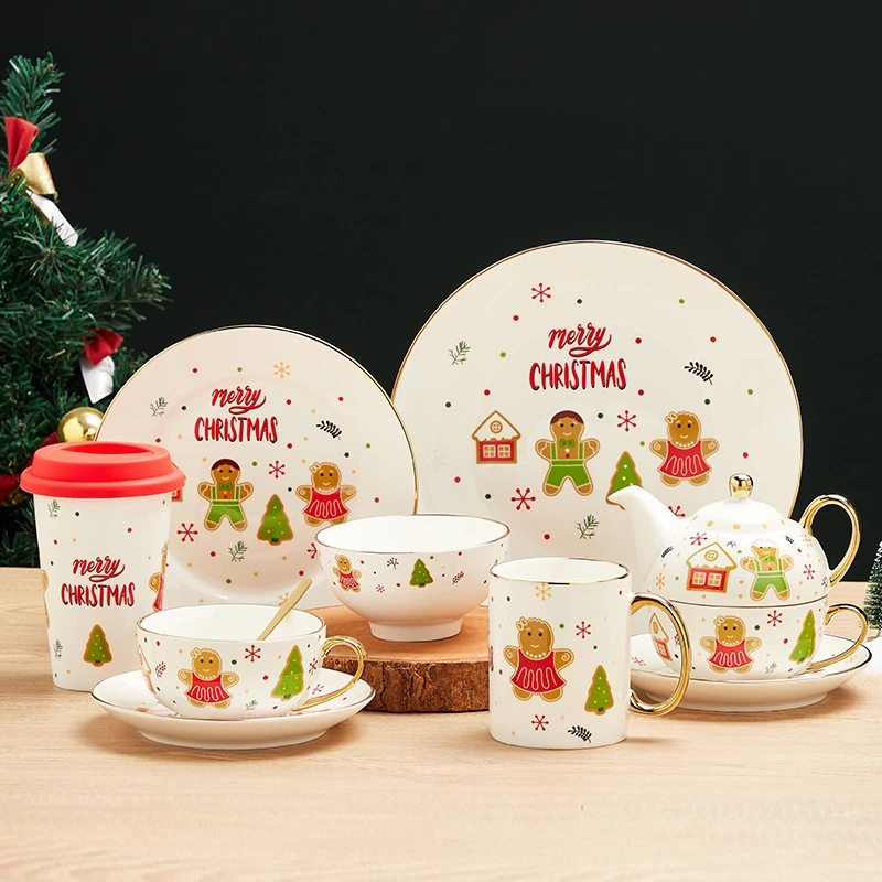 

Десертная тарелка для конфет, керамический Рождественский подарок, красная посуда, маленькая миска Санта Клаус, кофейная чашка, набор блюдец, украшение, круглый поднос