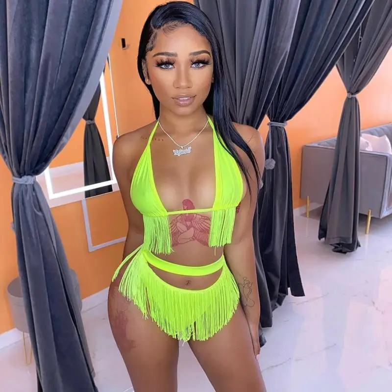 Women Summer 2Pcs Bikini Sets Tassel Sleeveless Backless Hanging Neck Triangle Bra Solid Color Thong Panties Swimwears Swimsuit
Women Summer 2Pcs Bikini Sets Tassel Sleeveless Backless Hanging Neck Triangle Bra Solid Color Thong Panties Swimwears Swimsuit