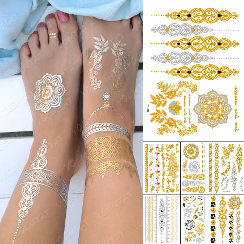 Waterproof Temporary Tattoo Sticker Henna Mandala Gold Silver Metallic Flash Tatoo Boho Party Flower Jewelry Glitter Body Art
Waterproof Temporary Tattoo Sticker Henna Mandala Gold Silver Metallic Flash Tatoo Boho Party Flower Jewelry Glitter Body Art