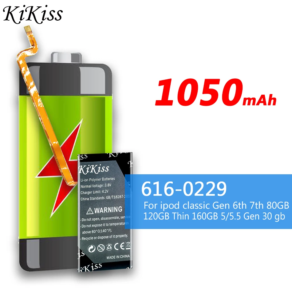 

1050mAh KiKiss Battery for ipod classic gen 6th 7th 80GB 120GB Thin 160GB battery for ipod Thin 5th 5/5.5 gen 30 gb 616-0229
