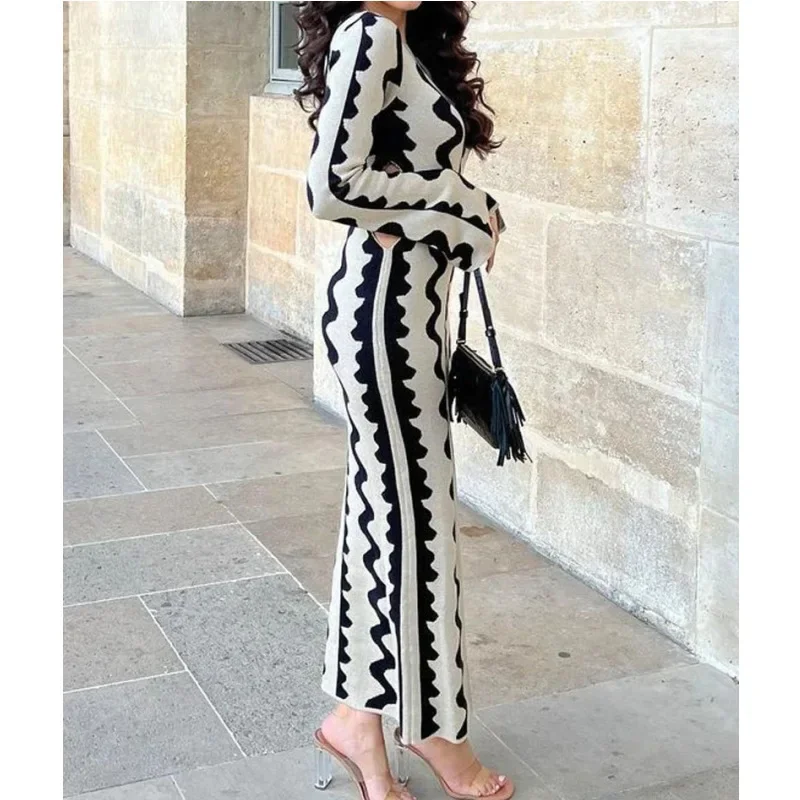 

Very Thick Knitted Long Skirt Slimming Long Sleeve Elegant and Pretty Women's Dresses Office Lady Cut Out Striped Long Dresses