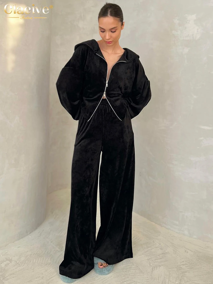 Clacive Casual Loose Home Suits Elegant Black Velvet Pants Set Fashion Hooded Long Sleeve Zip Tops 2 Piece Sets Women Outfit
Clacive Casual Loose Home Suits Elegant Black Velvet Pants Set Fashion Hooded Long Sleeve Zip Tops 2 Piece Sets Women Outfit