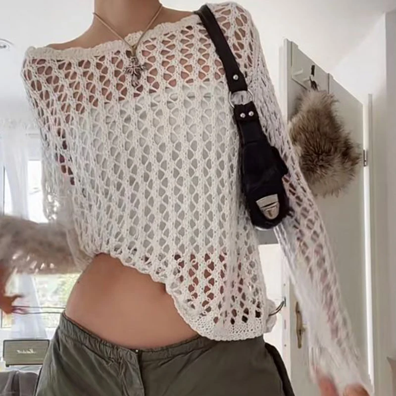 Vintage Loose Smock Tops Summer Fashion All-match Casual Geometic Hollow Out Outfits Y2K See-though Knit Shirts
Vintage Loose Smock Tops Summer Fashion All-match Casual Geometic Hollow Out Outfits Y2K See-though Knit Shirts