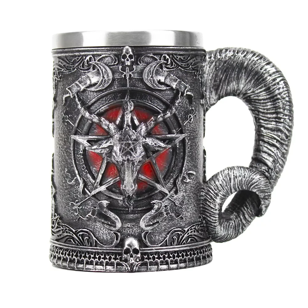 

2022New Mug Tankard Stainless Steel Resin 3D Baphomet Pentagram Sabbatic Gothic Wicca Pagan Horn Beer Tankard Cup Mugs 600ml