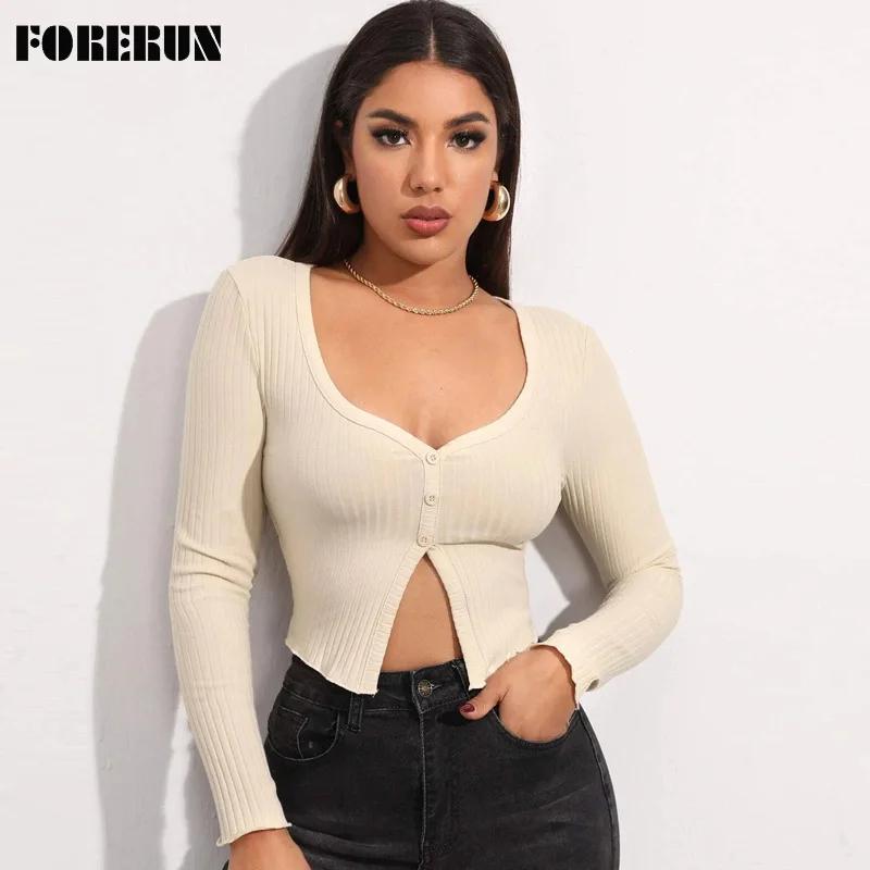 FORERUN Knitted T Shirt Women Sexy Button Up Slim Long Sleeve Crop Top Female Solid Basic Cardigan Camisetas De Mujer
FORERUN Knitted T Shirt Women Sexy Button Up Slim Long Sleeve Crop Top Female Solid Basic Cardigan Camisetas De Mujer