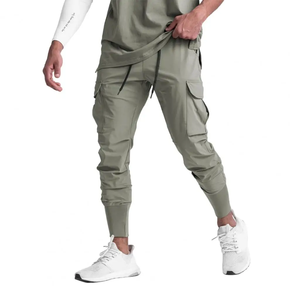 

Drawstring Multiple Pockets Sweatpants Men Quick Drying Solid Color Sports Jogger Cargo Pants Casual Male pantalones hombre