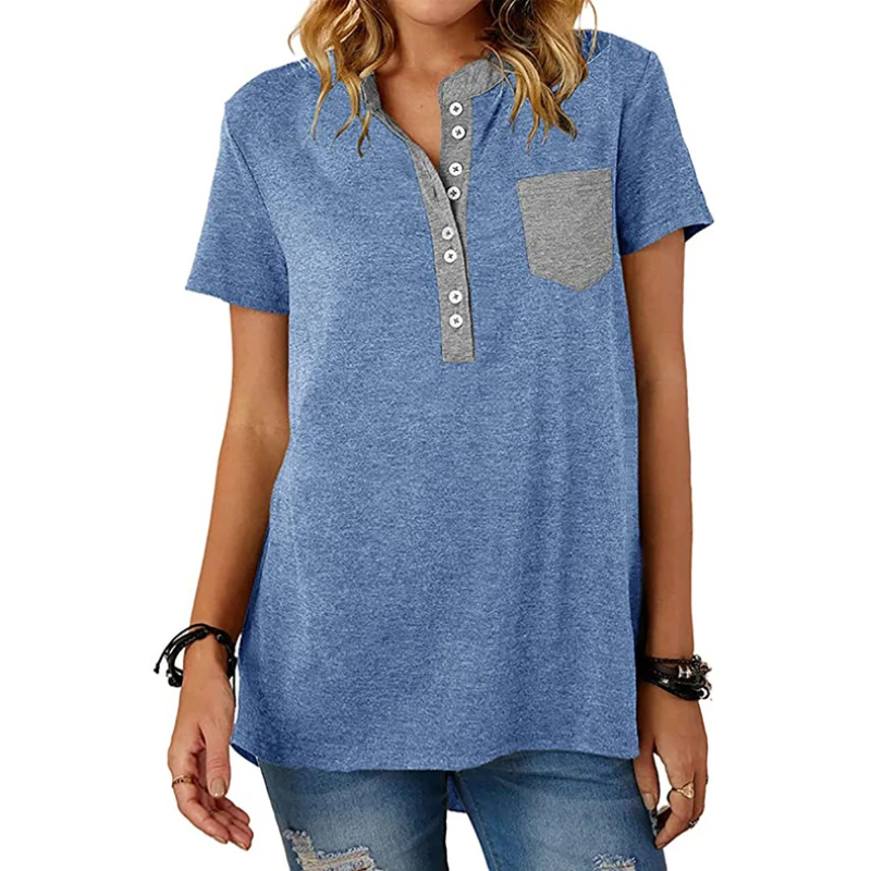 Women Spring Summer Tops Loose V-Neck Short Sleeve T-Shirt Solid Color Casual Pocket Button Shirts
Women Spring Summer Tops Loose V-Neck Short Sleeve T-Shirt Solid Color Casual Pocket Button Shirts