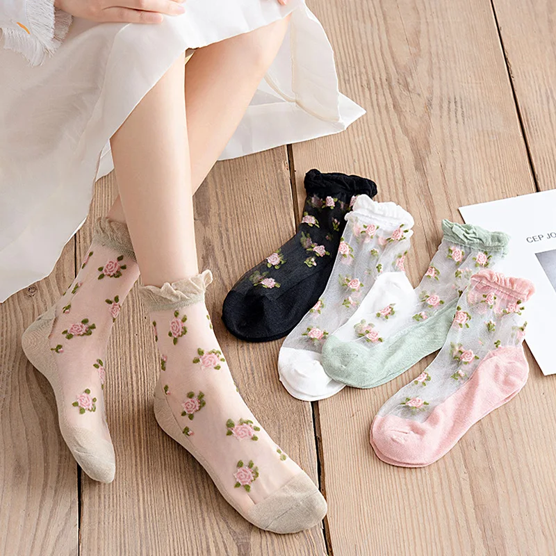 

Летние модные женские носки, прозрачные Стрейчевые эластичные тонкие женские носки из сетчатой пряжи до щиколотки, крутые шелковые носки с цветами и кристаллами
