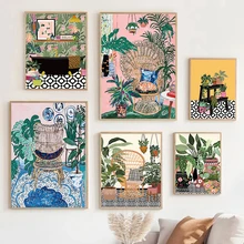 Nordic Art Greek Tile Botanical House Plants Poster Canvas Paintings Boho Retro Wall Picture For Modern Room Home Decoration