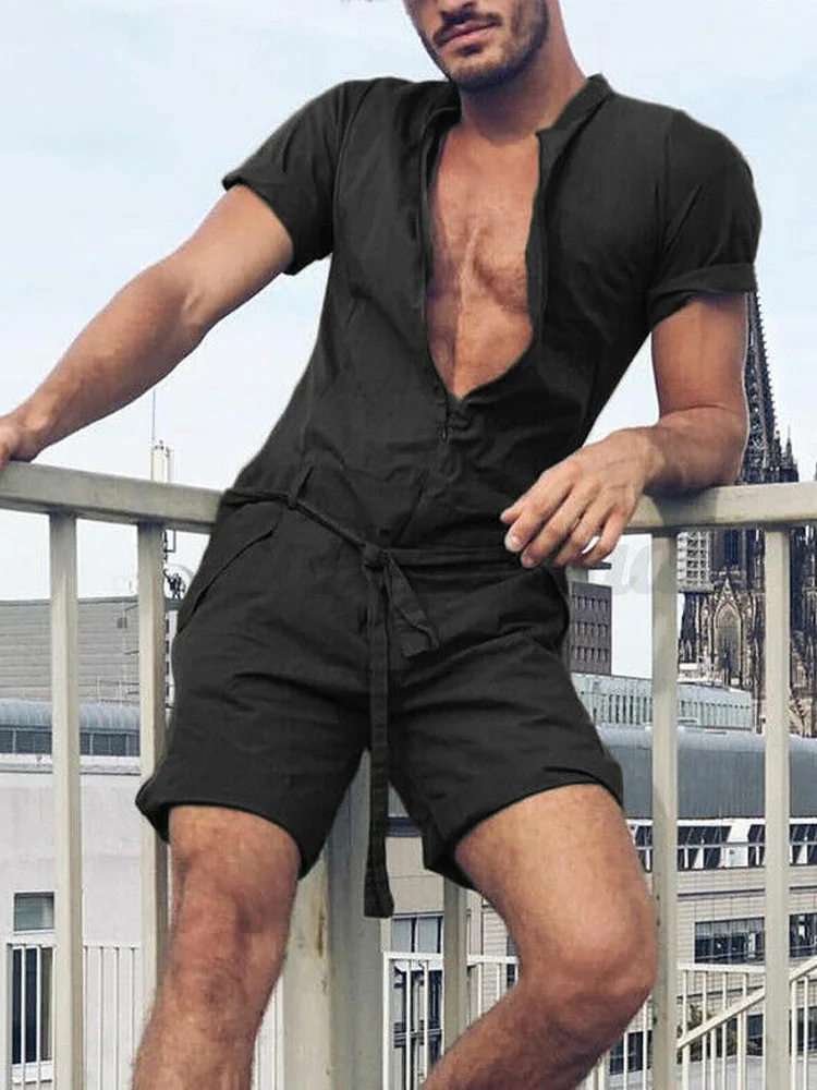 Mens Summer Casual Lace-up Waist Shorts Romper Vintage Solid Loose Jumpsuits Men Fashion Turn-down Collar Short Sleeve Playsuits
Mens Summer Casual Lace-up Waist Shorts Romper Vintage Solid Loose Jumpsuits Men Fashion Turn-down Collar Short Sleeve Playsuits