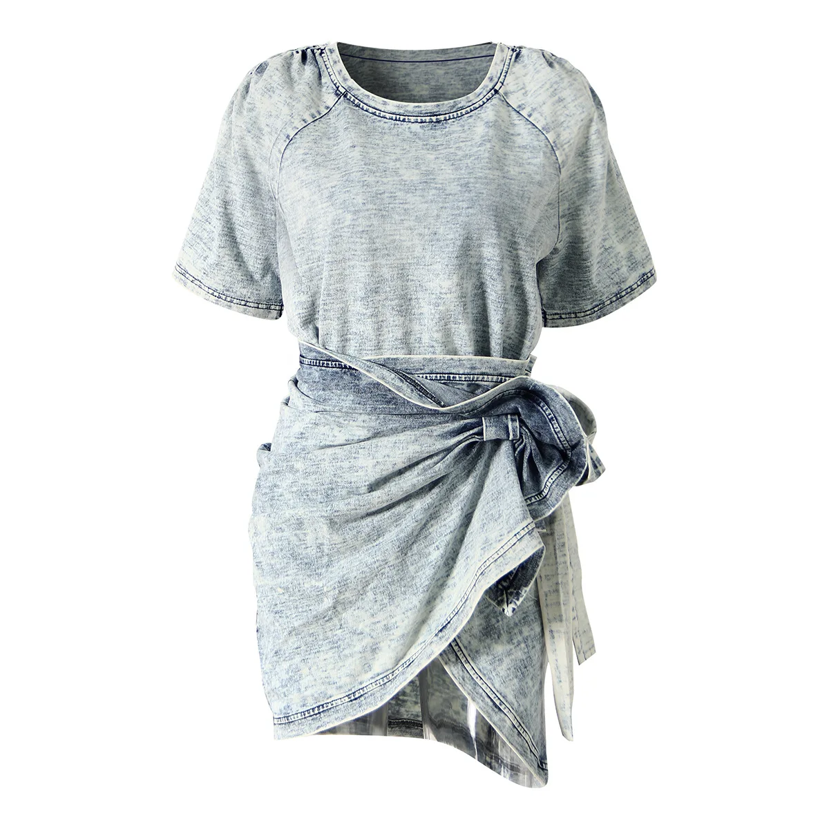 Retro washed knitted denim two-piece set women's 2022 summer new basic T-shirt + asymmetric skirt 2 pieces suits
Retro washed knitted denim two-piece set women's 2022 summer new basic T-shirt + asymmetric skirt 2 pieces suits