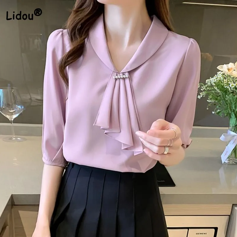 Women's Clothing Chic V-Neck Spliced Fashion Chiffon Shirt Summer New Commute Office Lady Korean Beading Solid Color Blouses
Women's Clothing Chic V-Neck Spliced Fashion Chiffon Shirt Summer New Commute Office Lady Korean Beading Solid Color Blouses