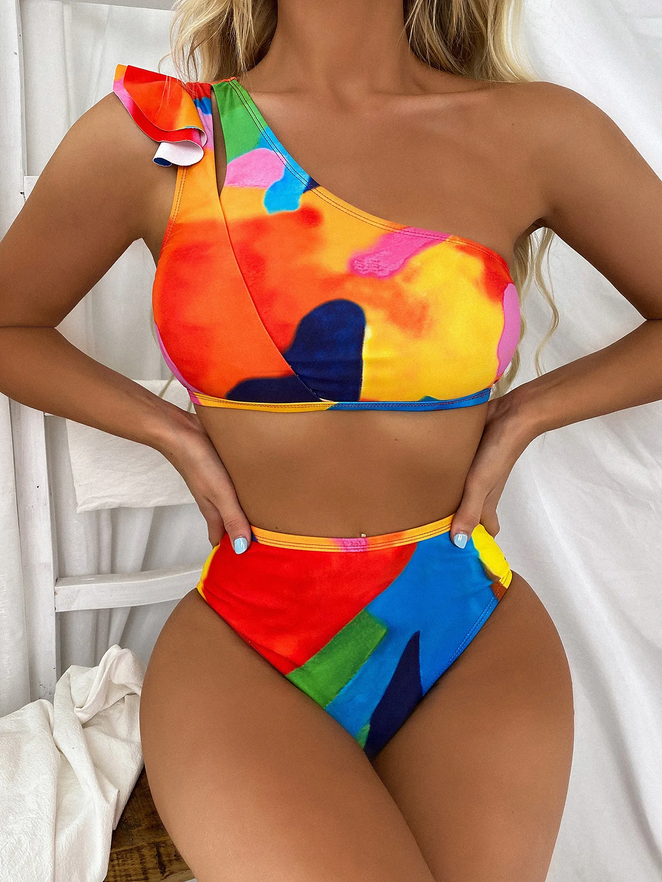

Женский раздельный купальник с принтом, Раздельный купальник на одно плечо с эффектом пуш-ап, радужного цвета, 2022