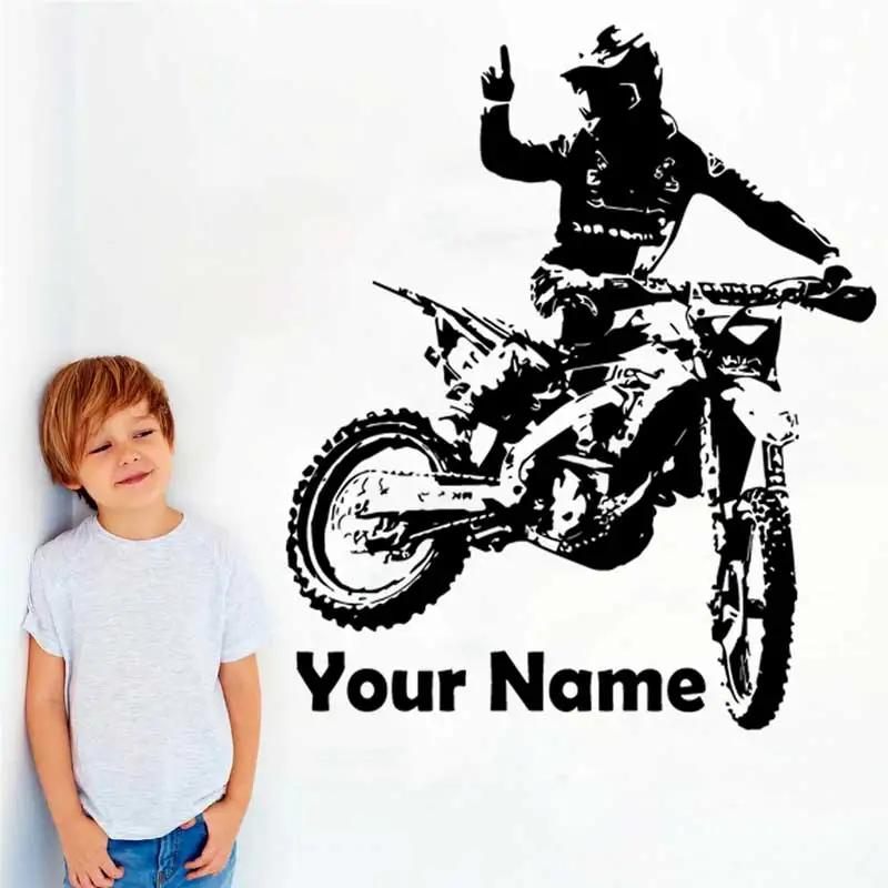 

Customizable name Motocross Bike Wall Stickers Motorcycle Rider Racing Stickers Home Teen Kids Room Decor Vinyl wall decal Gift