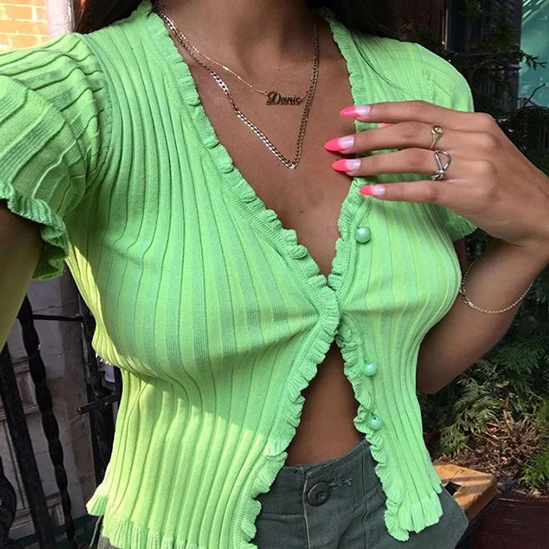 2021 Summer Sweet Women Sexy Solid Ruffles Crop Top White Knitted Shirts Y2k Fashion Short Sleeve Button V Neck Streetwear Tops
2021 Summer Sweet Women Sexy Solid Ruffles Crop Top White Knitted Shirts Y2k Fashion Short Sleeve Button V Neck Streetwear Tops