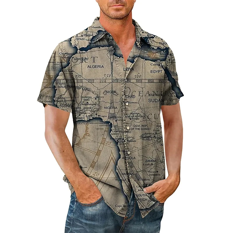 

Men's Shirt Summer Hawaiian Shirt Map Graphic Prints Vintage Turndown Blue Green Khaki Gray Street Casual Short Sleeves