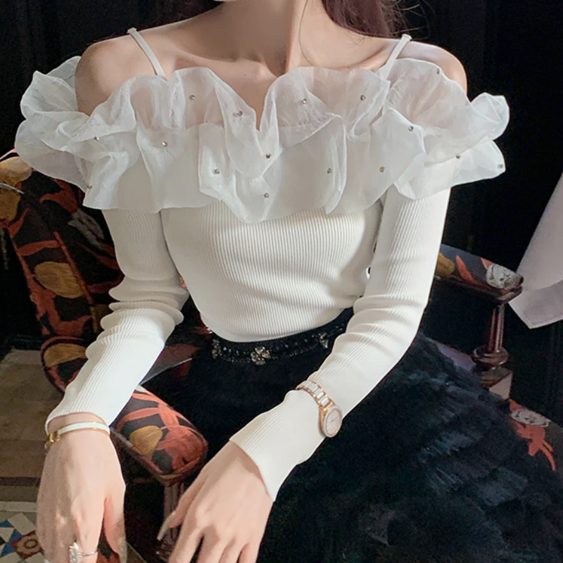 Vintage Ruffles Blouses Women Slash Neck Knitted Patchwork Mesh Blusas De Mujer Long Sleeve Ladies Tops Female Dropshipping
Vintage Ruffles Blouses Women Slash Neck Knitted Patchwork Mesh Blusas De Mujer Long Sleeve Ladies Tops Female Dropshipping