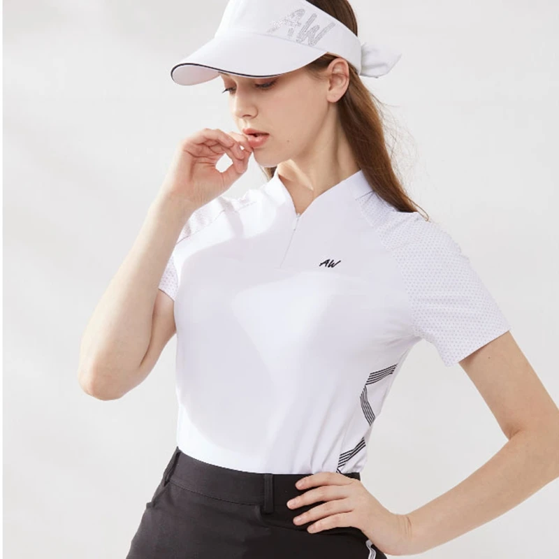 

Azureway Ladies Golf Shirt Summer Short Sleeve T-shirt Women Golf Half High Collar Top Sports Golf Short Skirt with Inner Shorts