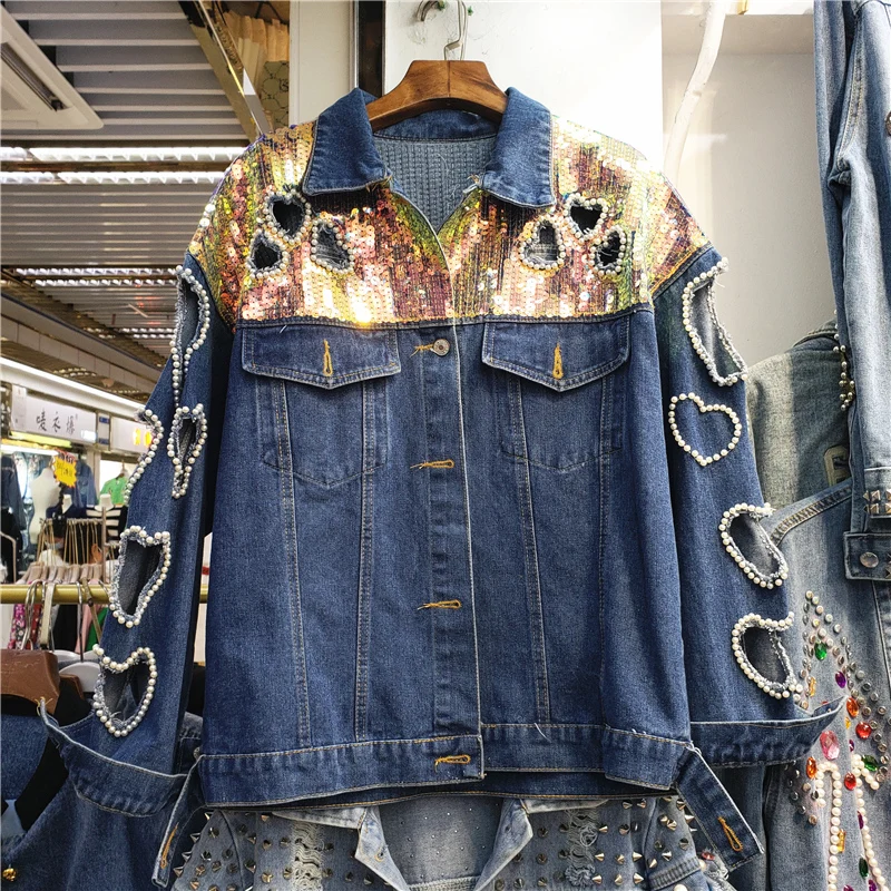 Fashion Sequins Beading Hollow Out Heart Pattern Blue Short Denim Jacket Coat Women Big Pocket Long Sleeve Jeans Jacket Female
Fashion Sequins Beading Hollow Out Heart Pattern Blue Short Denim Jacket Coat Women Big Pocket Long Sleeve Jeans Jacket Female