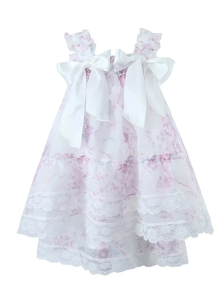 

2023 Women Tie Dyed Print Princess Organza Summer Tank Dress Sweet Lace Spliced Hem Layered Ladies Cake Mini Dress Fairy Robe