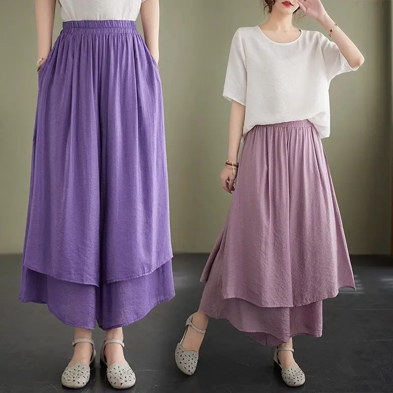 

Cotton Linen Loose Fitting Pants 2023 Summer Women's Artistic Wide Leg Trousers Double Layer High Waist Cropped Culottes Z1886