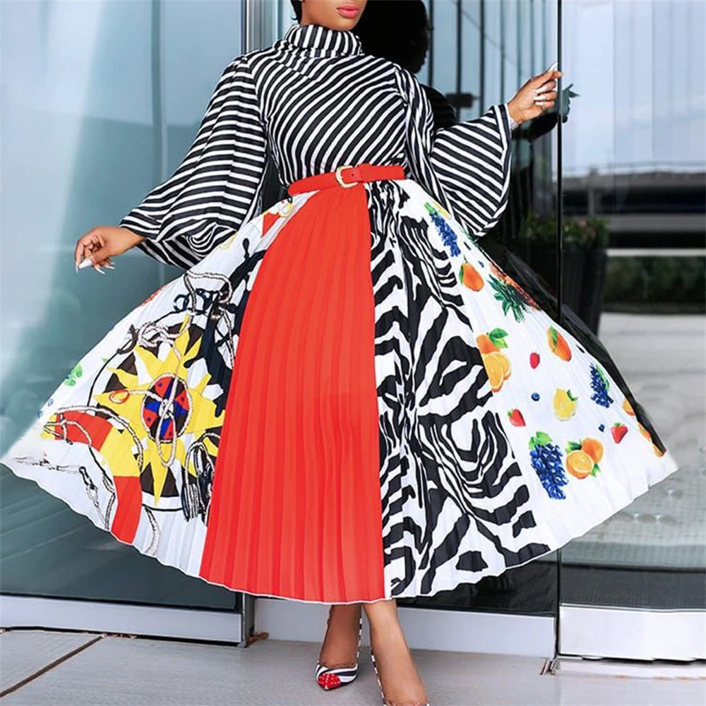 Patchwork Print Flare Sleeve Sashes Pleated Women's Dresses Elegant Chic Office Lady A-Line High Waist Maxi Robe Femme
Patchwork Print Flare Sleeve Sashes Pleated Women's Dresses Elegant Chic Office Lady A-Line High Waist Maxi Robe Femme
