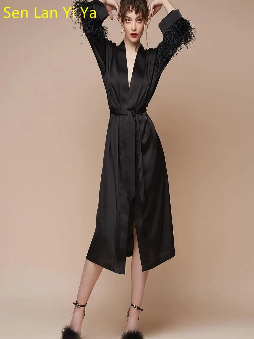 

Элегантные черные платья Sen Lsn Yi Ya Для женщин 2023, модное сексуальное Длинное свободное платье с глубоким V-образным вырезом, длинным рукавом, перьями, шнуровкой и разрезом