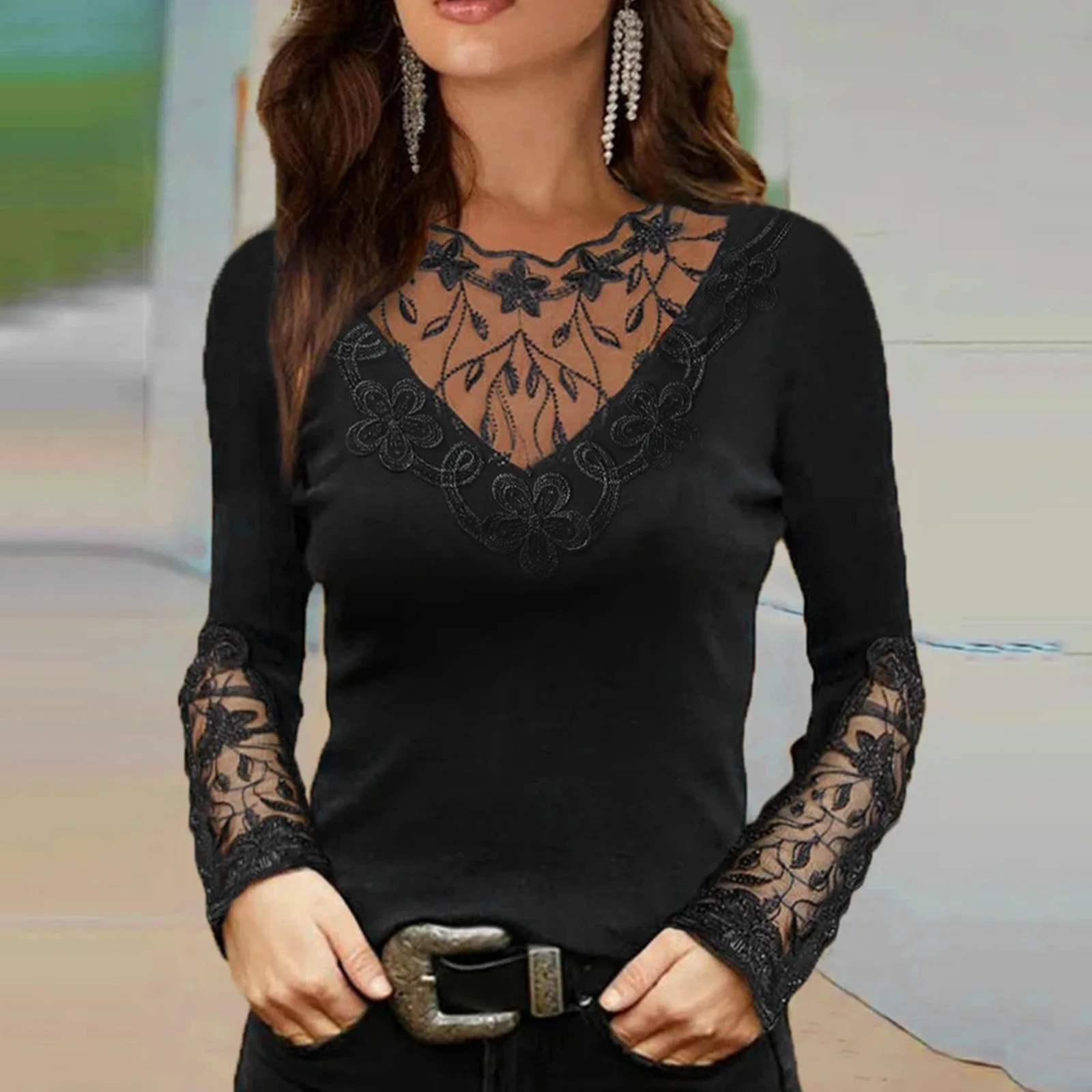 Women Lace T-shirt Office Lady Long-sleeved Top Tees Casual Slim Shirts V-neck Pullover 2023 Spring Autumn Femal Clothing
Women Lace T-shirt Office Lady Long-sleeved Top Tees Casual Slim Shirts V-neck Pullover 2023 Spring Autumn Femal Clothing