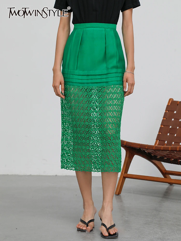 TWOTWINSTYLE Elegant Lace Panel Skirt For Women High Waist Patchwork Cut Out A Line Midi Skirts Female 2022 Spring Fashion Style
TWOTWINSTYLE Elegant Lace Panel Skirt For Women High Waist Patchwork Cut Out A Line Midi Skirts Female 2022 Spring Fashion Style