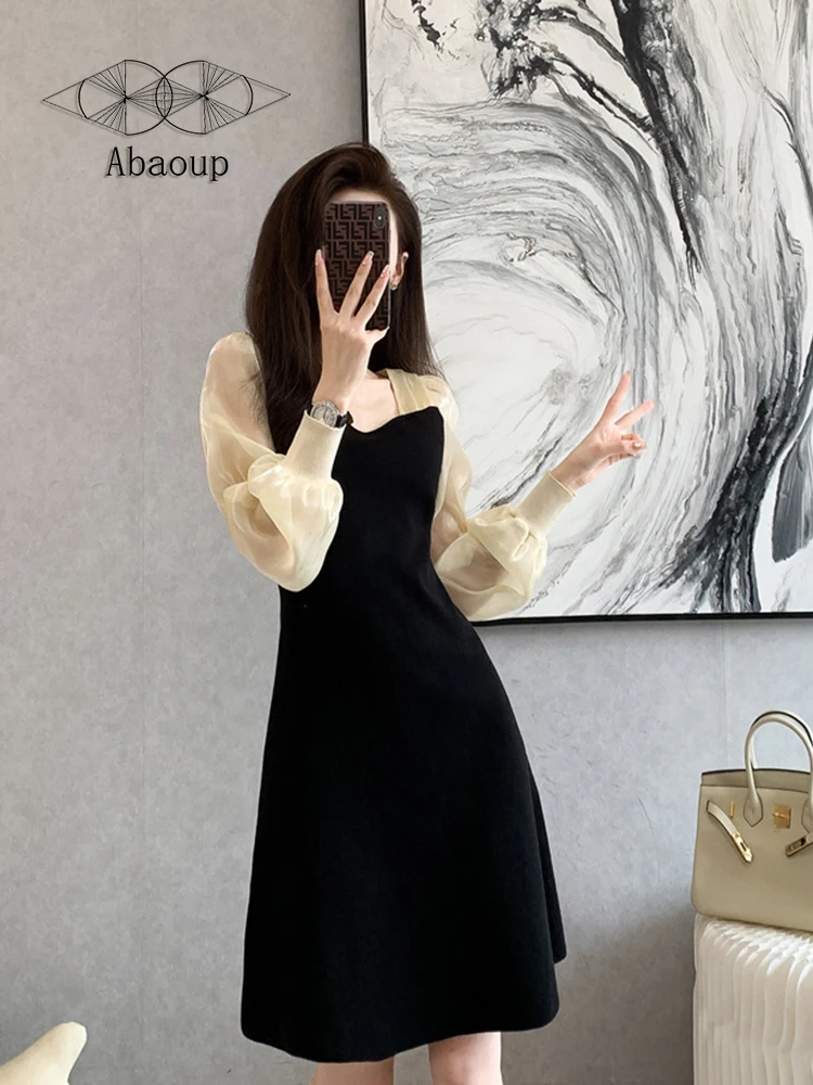 New V-Neck Women Dresses Crepe Knitting Patchwork Lantern Long Sleeve Slim High Waist A Line Knee-Length Skirt Elegant Qualities
New V-Neck Women Dresses Crepe Knitting Patchwork Lantern Long Sleeve Slim High Waist A Line Knee-Length Skirt Elegant Qualities