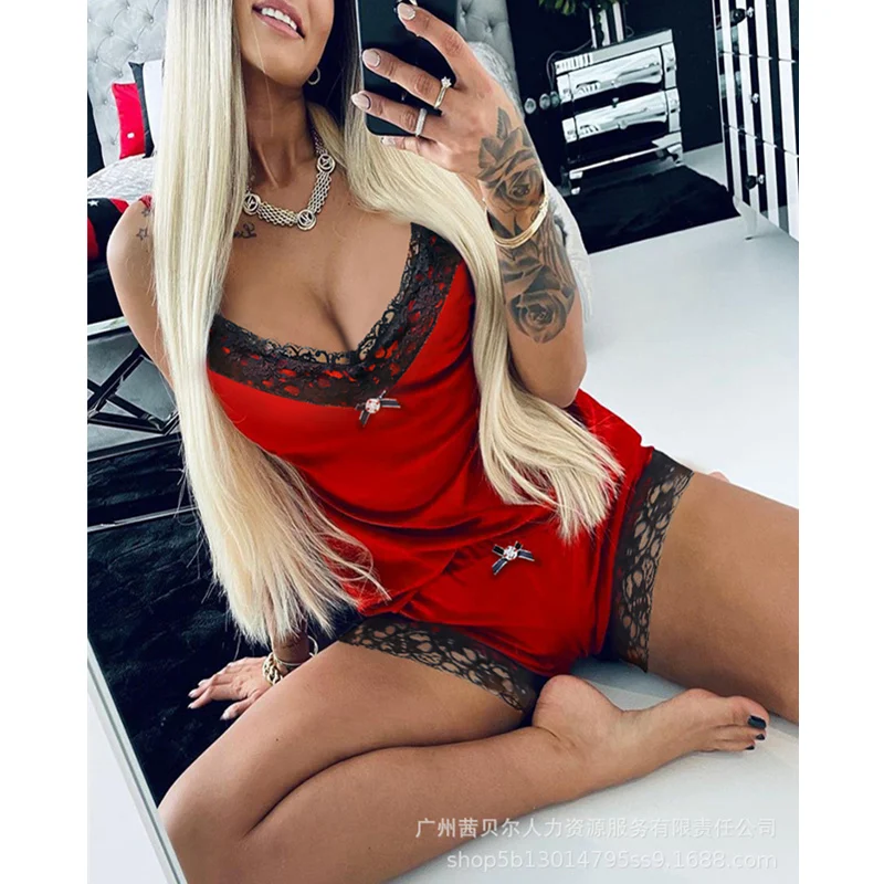 Mandylandy Women Sexy Exotic Lace Pajamas Set Fashion Strap V Neck Shirt + Elastic Shorts Two Piece Set Sleepwear Homewear
Mandylandy Women Sexy Exotic Lace Pajamas Set Fashion Strap V Neck Shirt + Elastic Shorts Two Piece Set Sleepwear Homewear