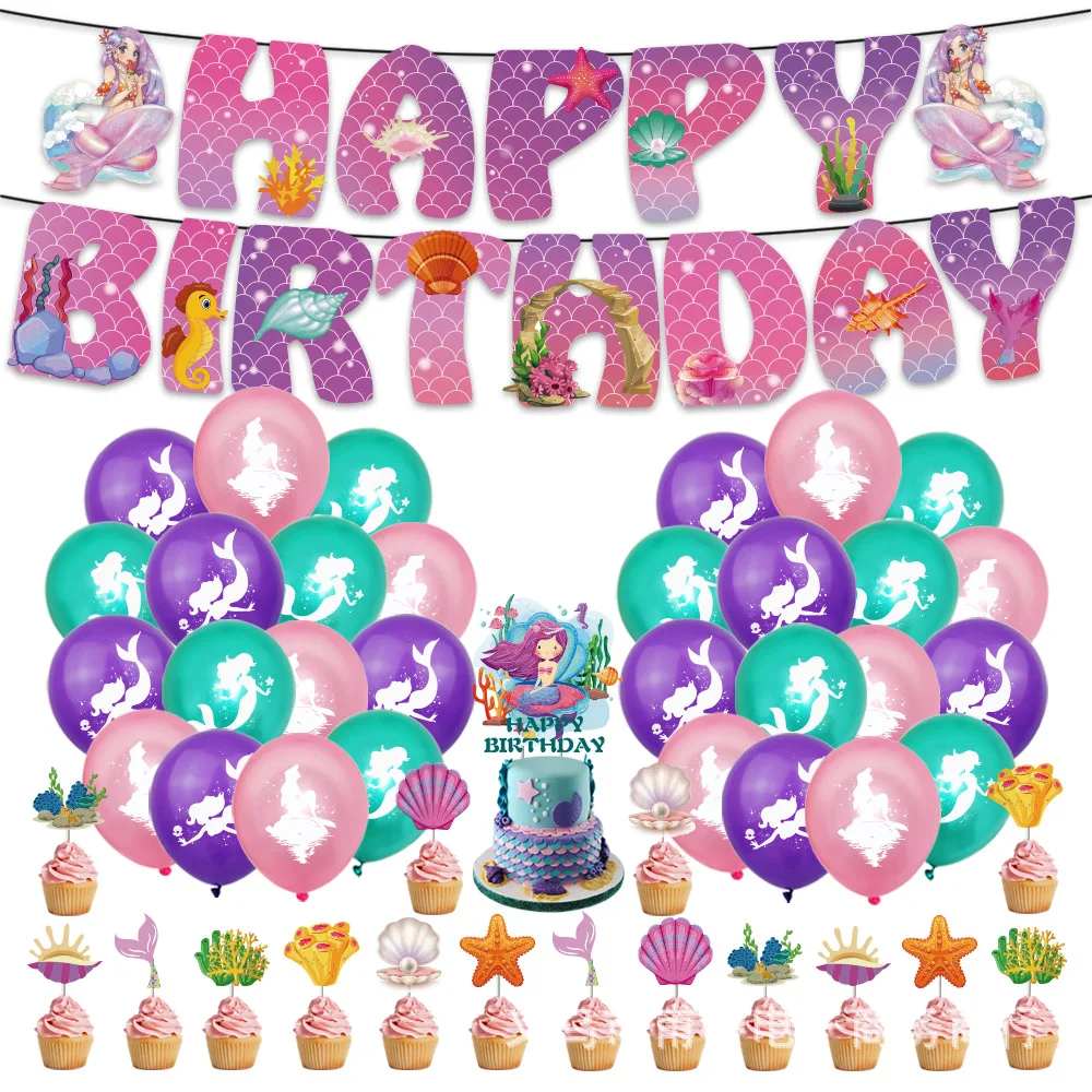 

Ocean Theme Balloon Party Supplies Mermaid Happy Birthday Banner Latex Balloon Cake Topper Decoration Baby Shower Kid Layout Toy