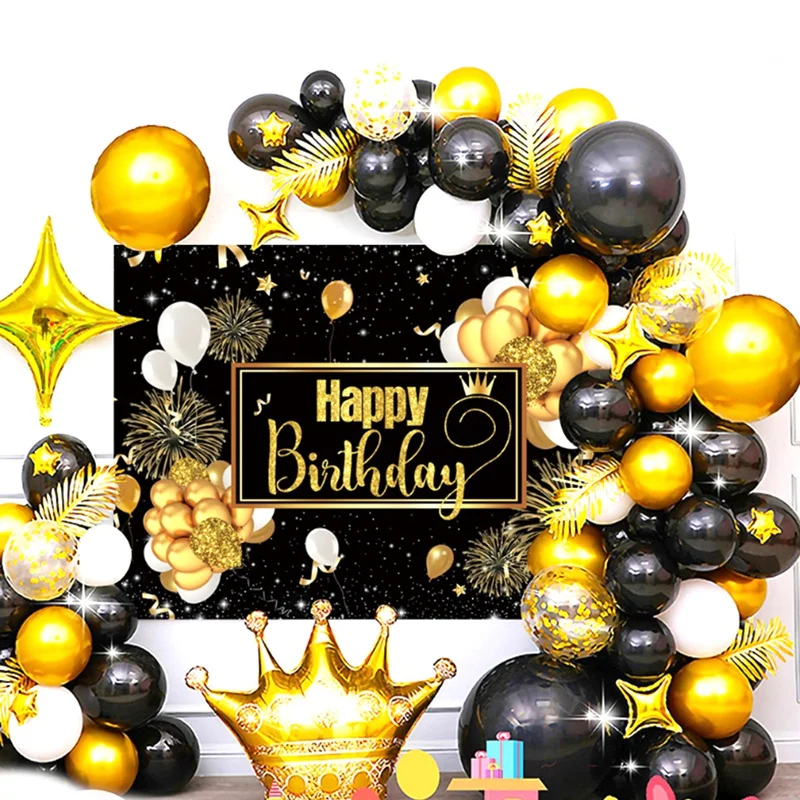 

1Set Black And Gold Birthday Party Decorations Balloon Arch Garland Kit Happy Birthday Backdrop Banner Decorations