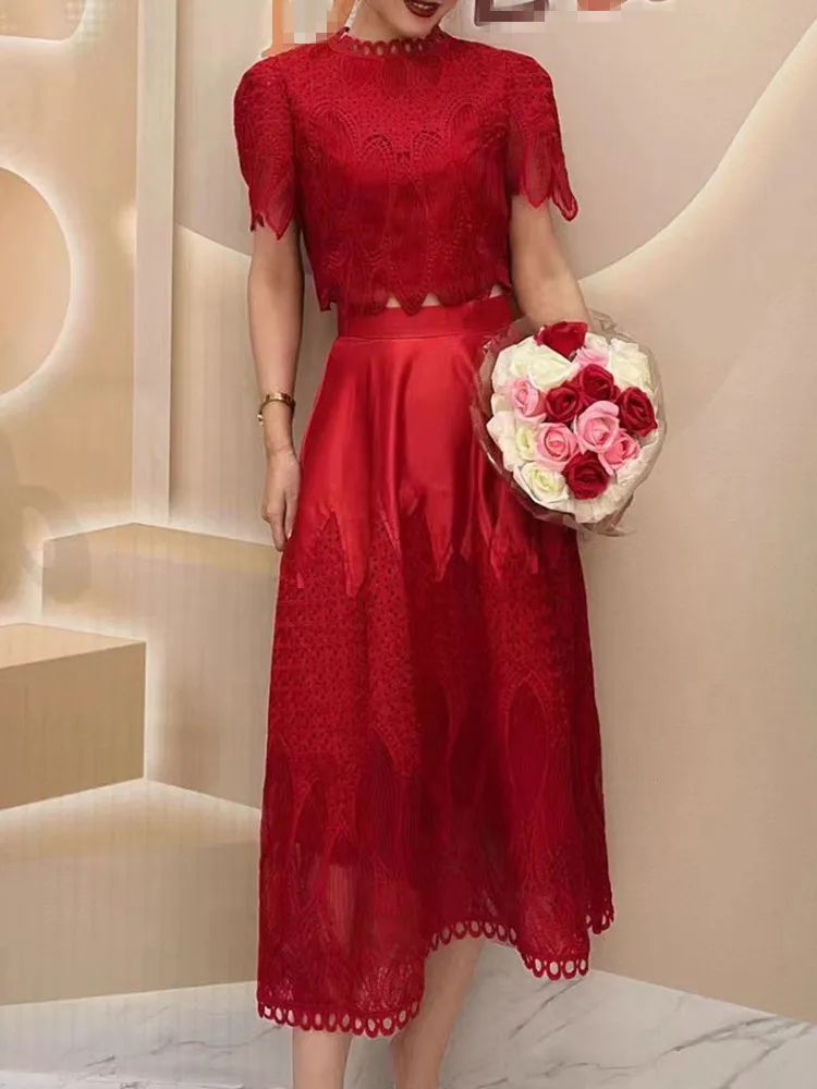 SMTHMA New Summer Lace Hollow Out Top Two Piece Sets For Women O-Neck Short Sleeve High Waist Skirt Suit Female Fashion Clothing
SMTHMA New Summer Lace Hollow Out Top Two Piece Sets For Women O-Neck Short Sleeve High Waist Skirt Suit Female Fashion Clothing