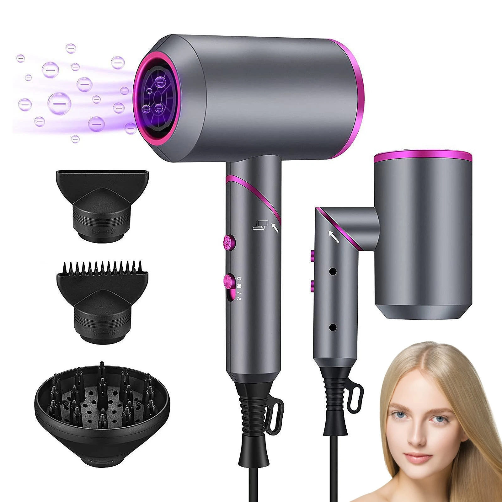 Ionic Hair Dryer, Pro Blow Dryer Brush Hair Dryer with 1 Diffuser, 2 Concentrator Nozzles, 3 Modes/2 Speed for Home Salon Trave
Ionic Hair Dryer, Pro Blow Dryer Brush Hair Dryer with 1 Diffuser, 2 Concentrator Nozzles, 3 Modes/2 Speed for Home Salon Trave