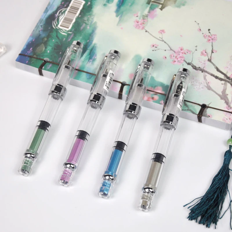 

1pc Luxury Pen Wing Sung 3008 Transparent Fountain Pen Students Office Stationery 0.5mm Nib Calligraph Piston Ink Pens