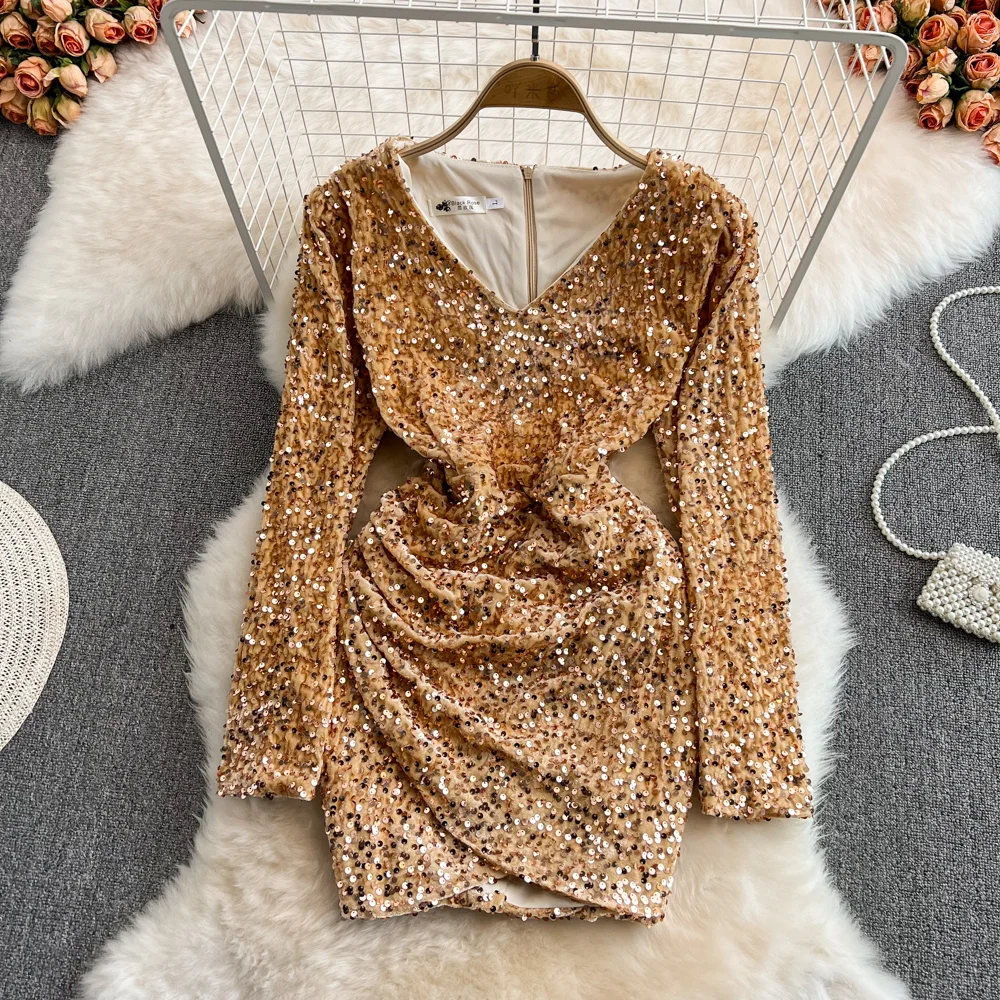 2022 Spring Long Sleeve Pleated Gold GLITTER Dress V-neck Women's Waist Slim Sexy Shiny SEQUIN Dress For Casual Evening Party
2022 Spring Long Sleeve Pleated Gold GLITTER Dress V-neck Women's Waist Slim Sexy Shiny SEQUIN Dress For Casual Evening Party