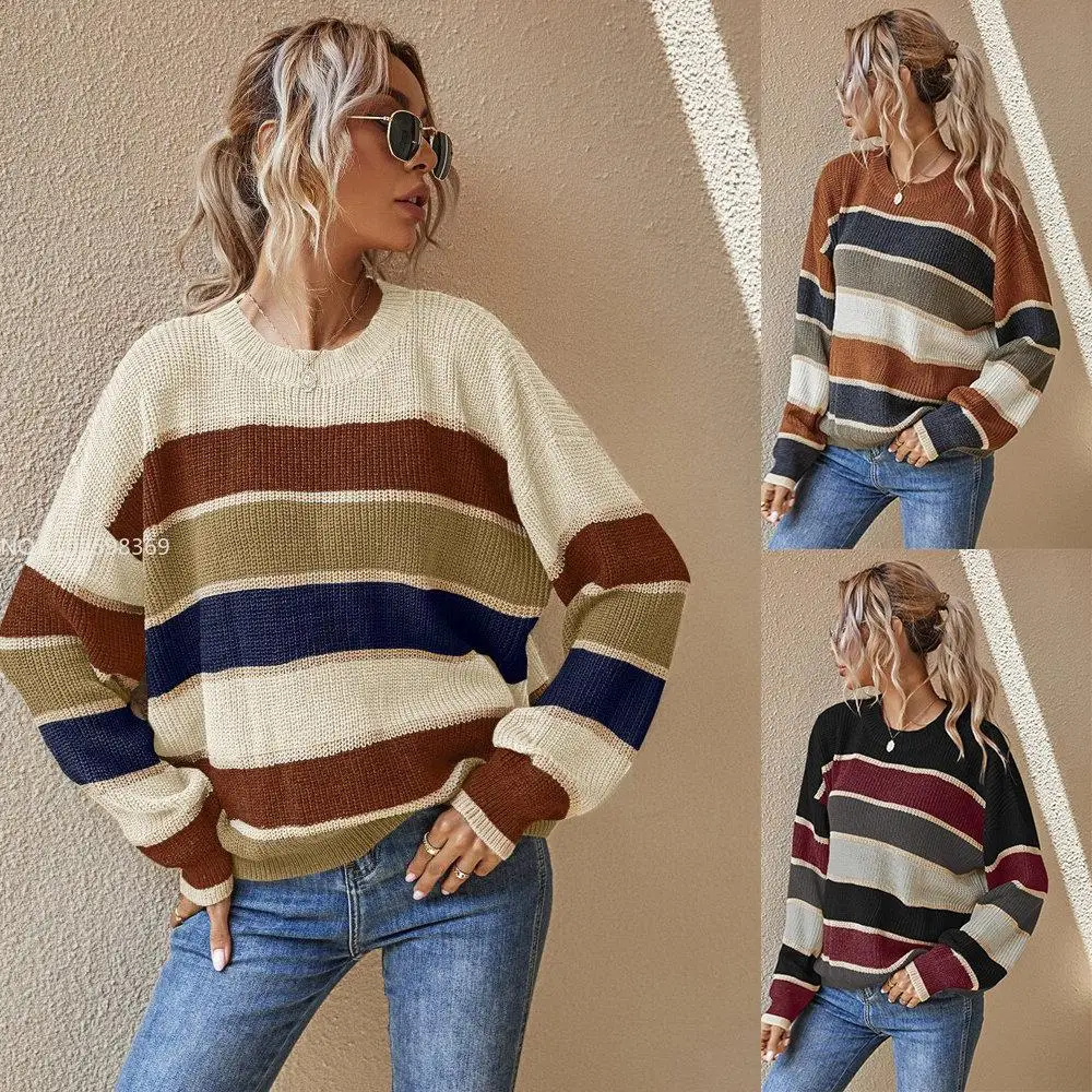 2022 Autumn And Winter Pullover Color Block Striped Round Striped Crew Neck Knitted Ladies Sweater O2
2022 Autumn And Winter Pullover Color Block Striped Round Striped Crew Neck Knitted Ladies Sweater O2