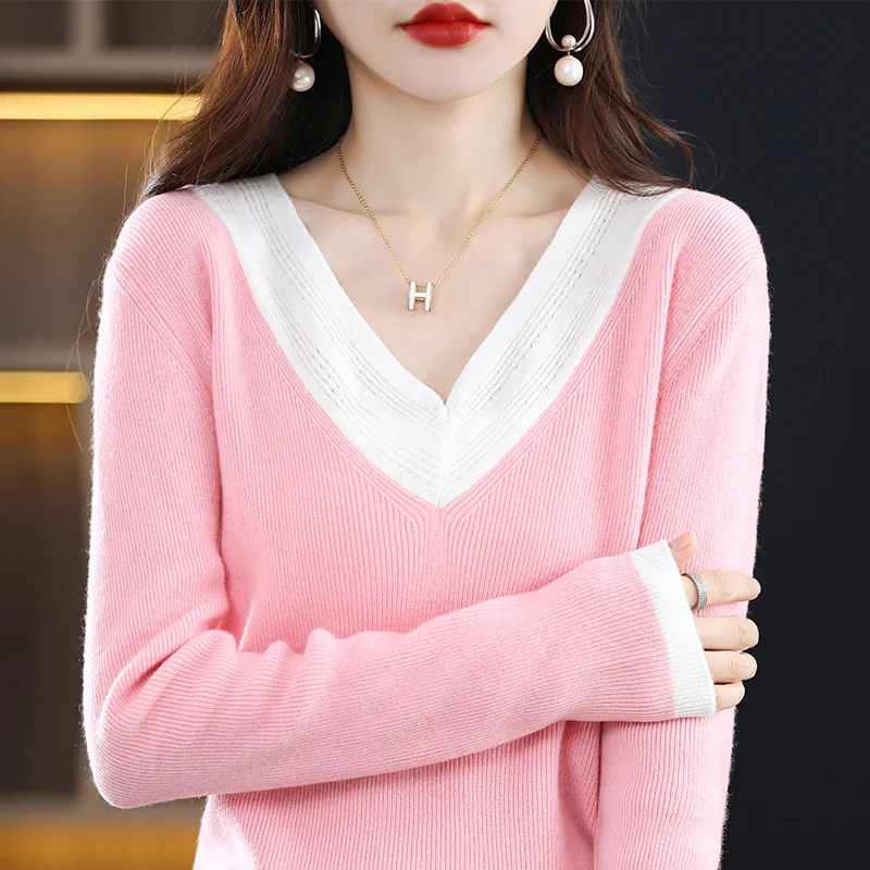 Women's Clothing Sweater 2023 Spring and Autumn New Knitted Bottoms Fashion Contrast V-Neck Pullover Top 100% Pure Wool Slimming
Women's Clothing Sweater 2023 Spring and Autumn New Knitted Bottoms Fashion Contrast V-Neck Pullover Top 100% Pure Wool Slimming