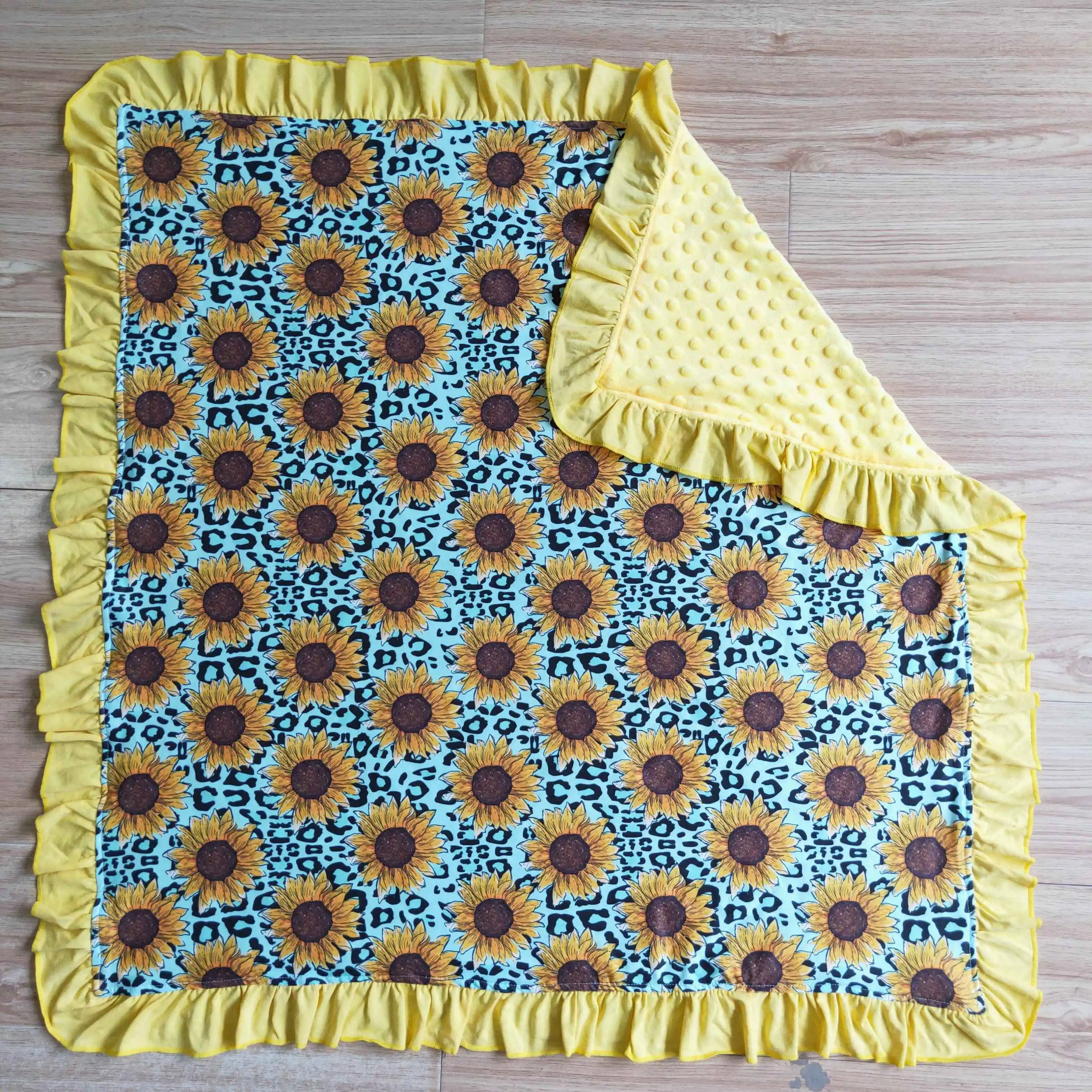 

H​ot Products Wholesale Toddler Sleep Blankets Yellow Sunflower Leopard Newborn Ruffle Swaddle Wraps